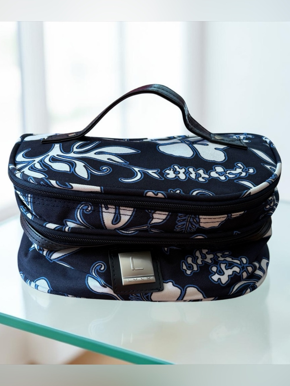 LYNX, Vintage Navy Blue Floral Makeup Bag Travel Vanity Case with Mirror